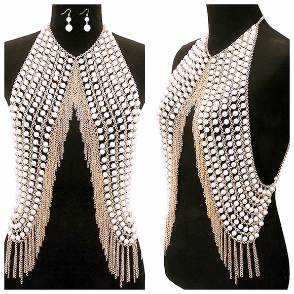 Gold Body Chain With White Beaded Detail